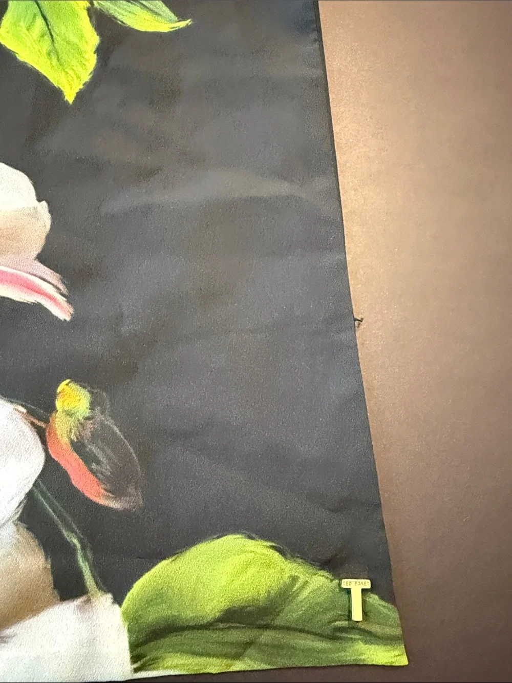 Ted Baker Black Floral Silk Scarf Runner with Pink White Yellow Green Accents